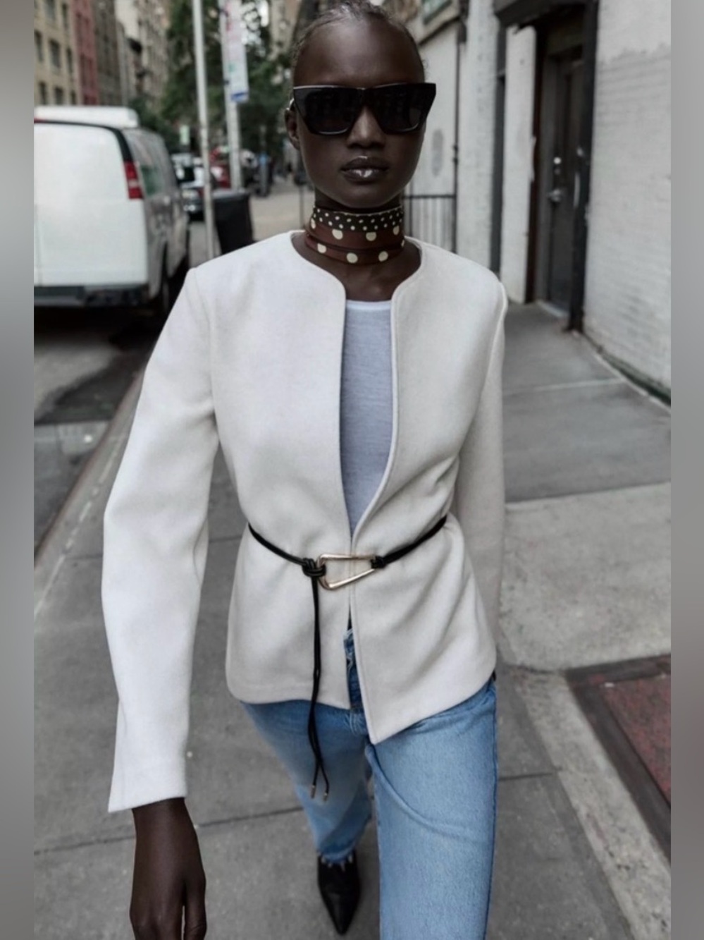ZARA Ecru Round Neck Belted Blazer Jacket NWT Size M